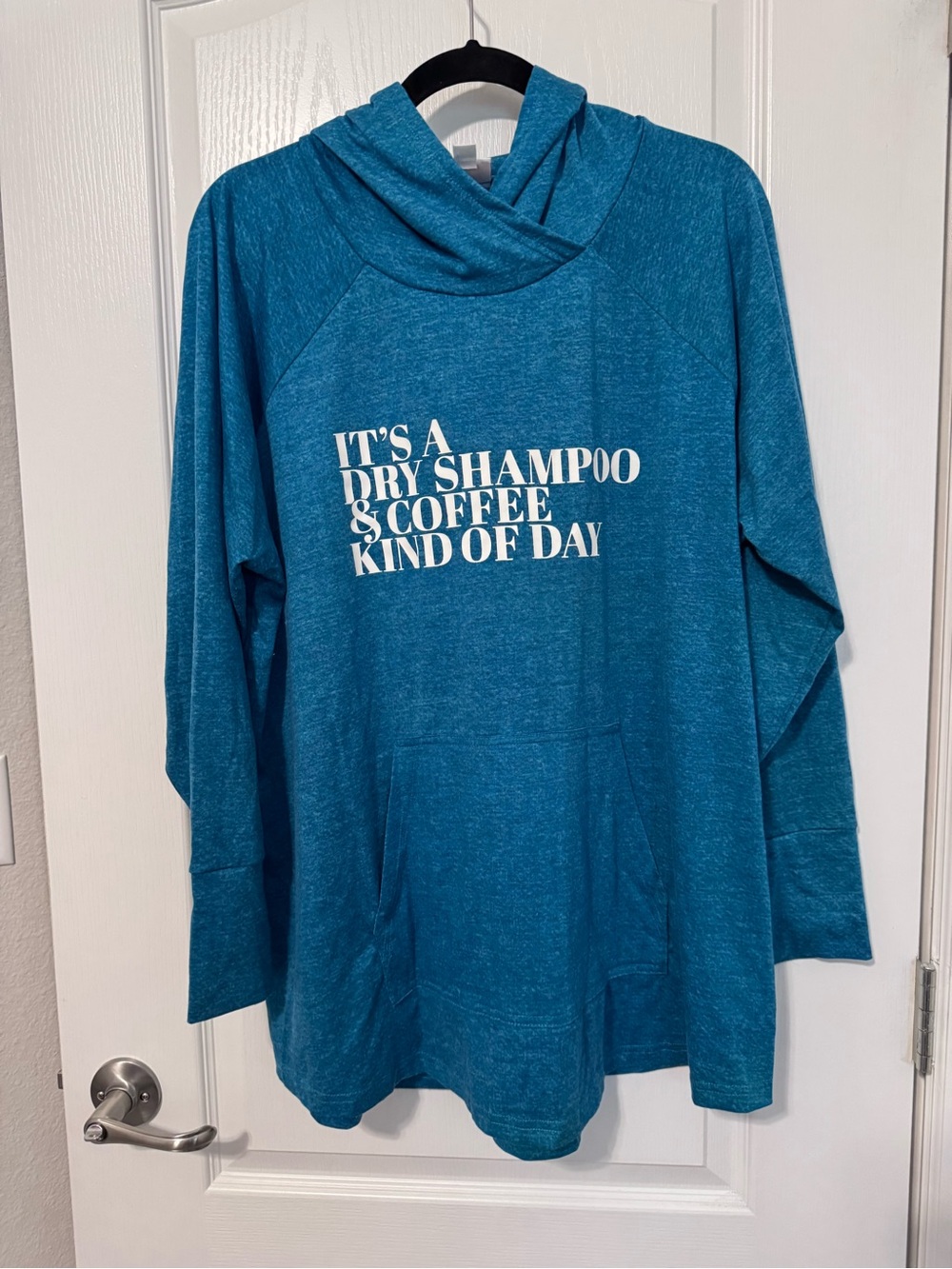 LuLaRoe Amber Teal Blue Hoodie with White Text